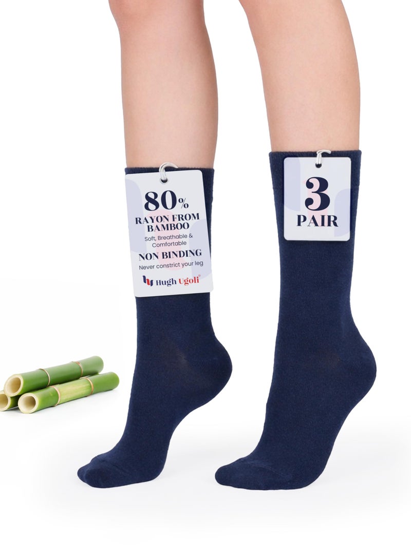 Hugh Ugoli Womens Rayon derived from Bamboo Dress Socks, Crew Soft Thin Calf Socks for Business, Trouser & Casual, Navy Blue, 3 Pairs, Shoe Size: 9-12 - Image 1